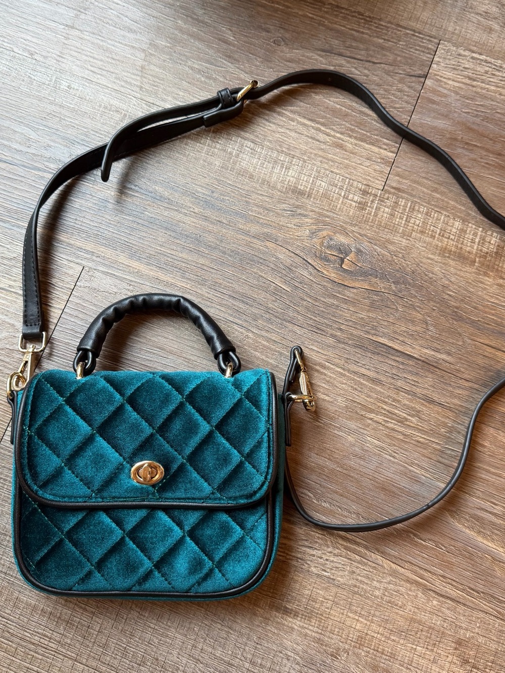 Quilted Teal Velvet Top-Handle Crossbody Bag